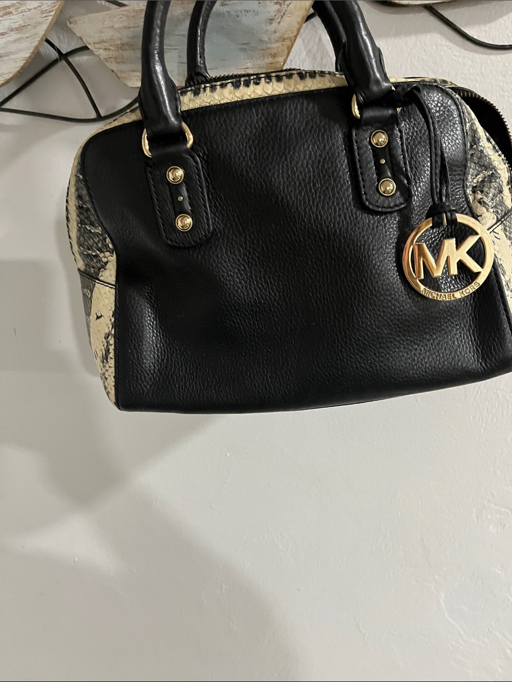 Michael Kors Black Satchel with Cream Snake-Print Panels